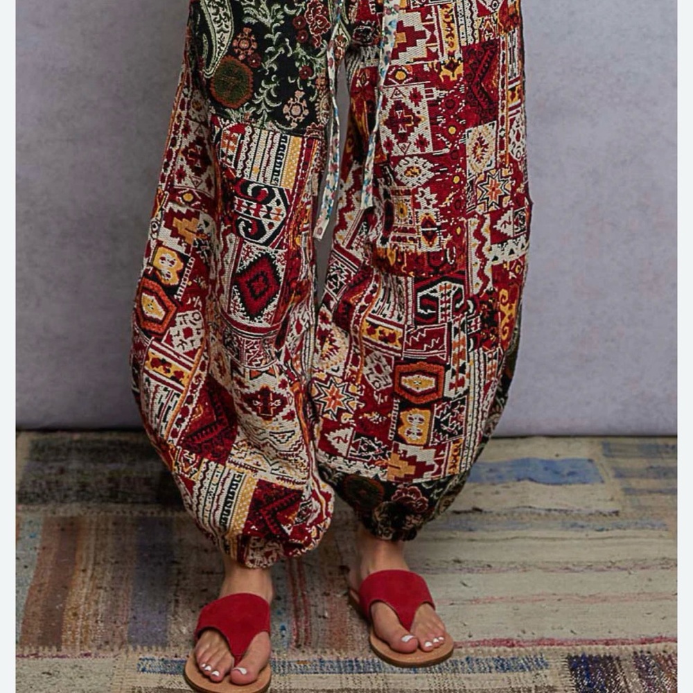 POL Boho Patchwork Wide-Leg Pants in Red, Black, Green - Picture 2 of 6